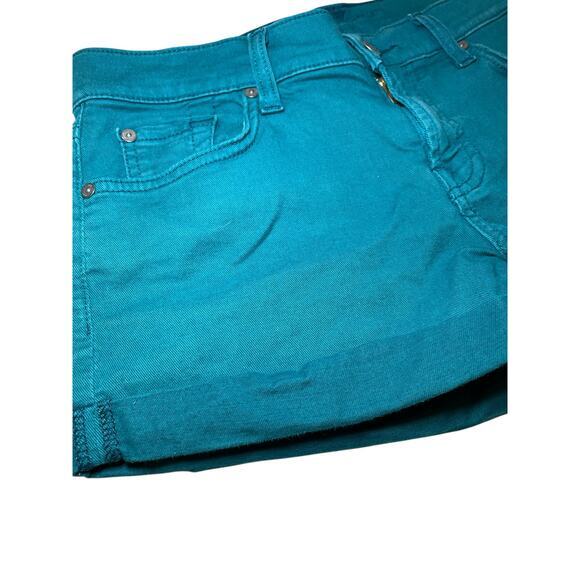 7 For All Mankind Women 27 Teal Denim Shorts Mid Rise Cuffed Style Jean Shorts - Picture 4 of 9
